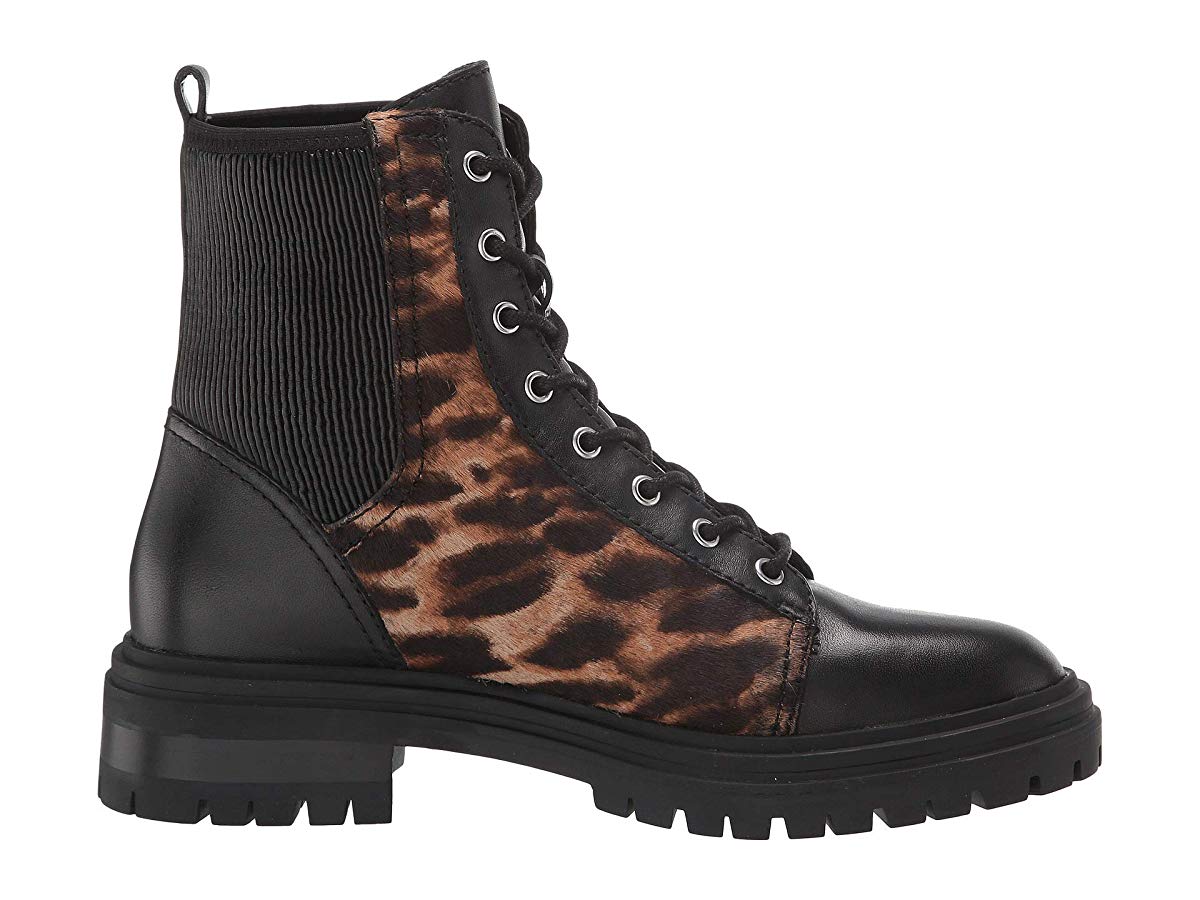 Vince Camuto Bestenda Black Leopard Leather Lace Up Moto Lug Sole Combat Boots (Black Leopard, 6)